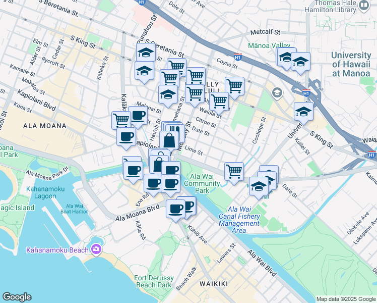 map of restaurants, bars, coffee shops, grocery stores, and more near 2032 Kapiolani Boulevard in Honolulu