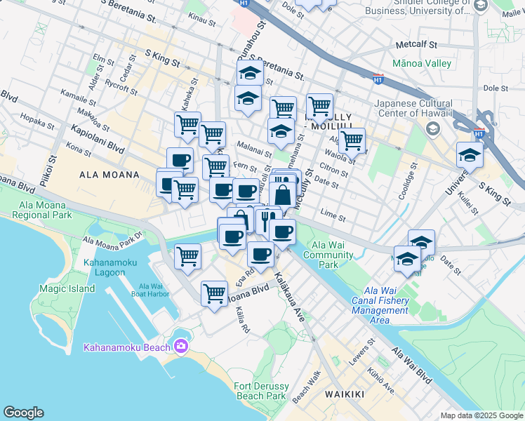 map of restaurants, bars, coffee shops, grocery stores, and more near 1812 Kalakaua Avenue in Honolulu