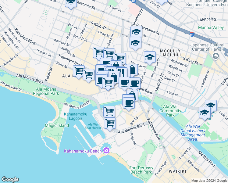 map of restaurants, bars, coffee shops, grocery stores, and more near 1829 Kahakai Drive in Honolulu