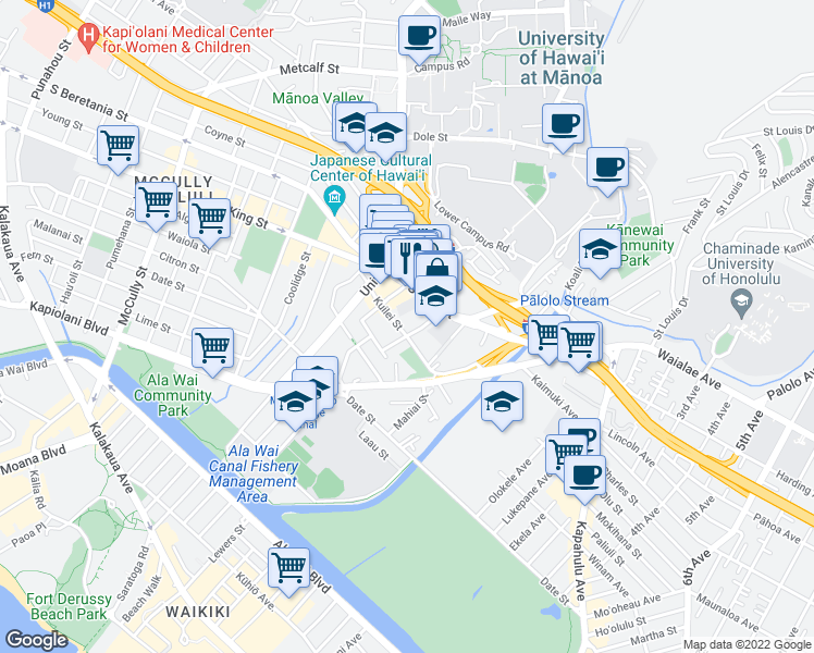map of restaurants, bars, coffee shops, grocery stores, and more near 2724 Kahoaloha Lane in Honolulu
