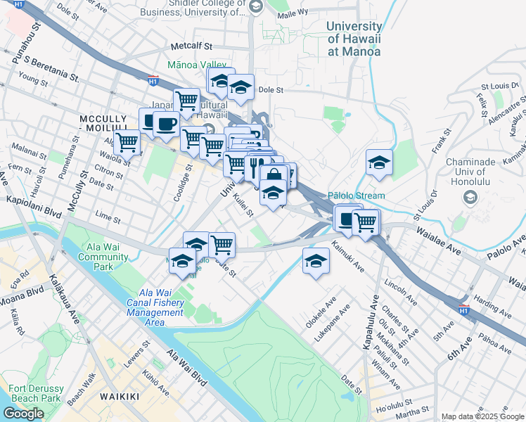 map of restaurants, bars, coffee shops, grocery stores, and more near 2724 Kahoaloha Lane in Honolulu