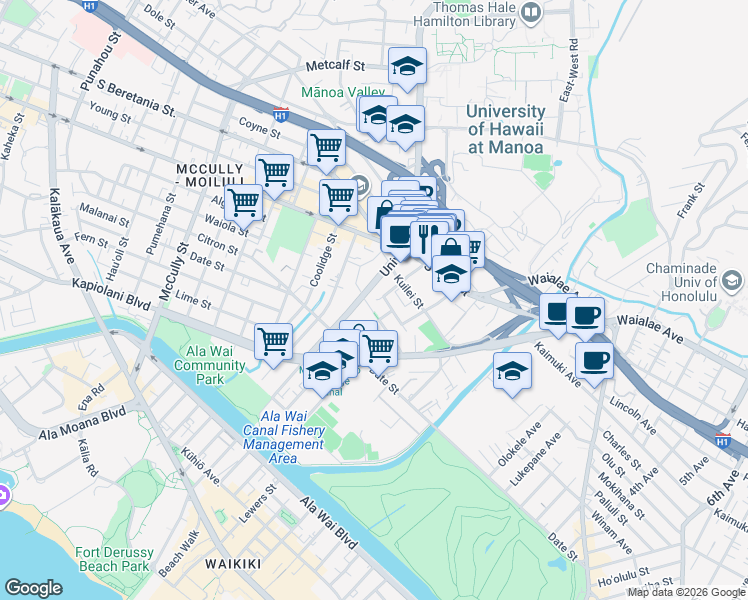 map of restaurants, bars, coffee shops, grocery stores, and more near 810 Kaaloa Street in Honolulu