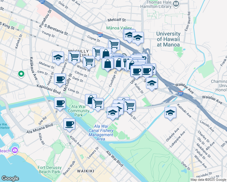 map of restaurants, bars, coffee shops, grocery stores, and more near 2382 Date Street in Honolulu