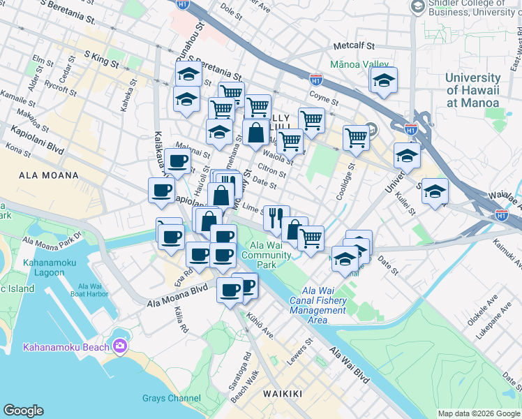 map of restaurants, bars, coffee shops, grocery stores, and more near 2123 Lime Street in Honolulu
