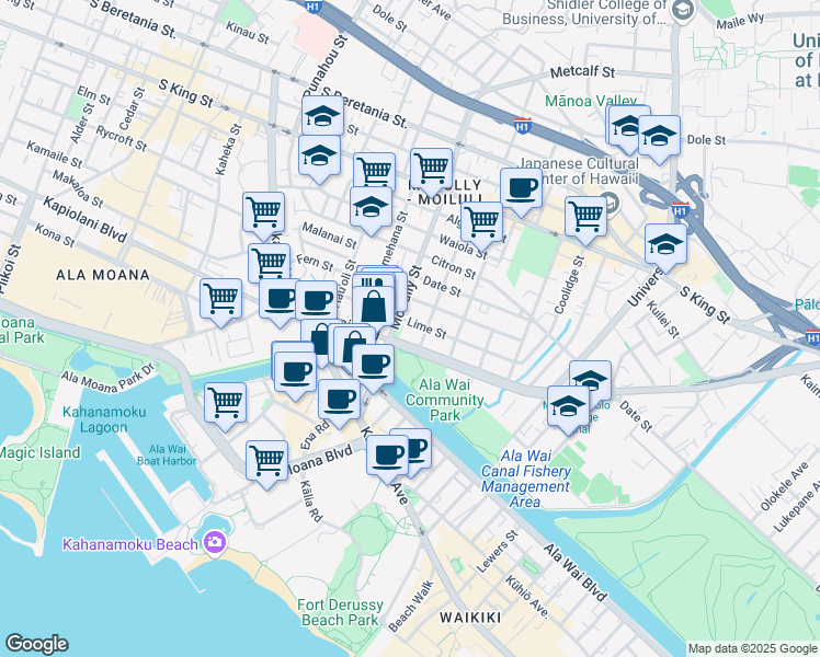 map of restaurants, bars, coffee shops, grocery stores, and more near 2032 Kapiolani Boulevard in Honolulu
