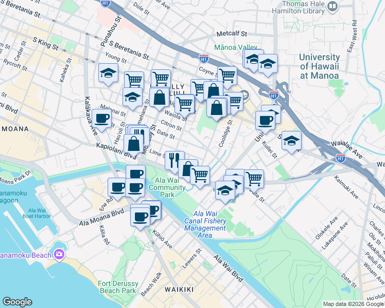 map of restaurants, bars, coffee shops, grocery stores, and more near 2304 Fern Street in Honolulu