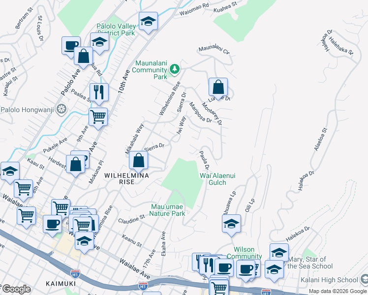 map of restaurants, bars, coffee shops, grocery stores, and more near 3901 Maunahilu Place in Honolulu