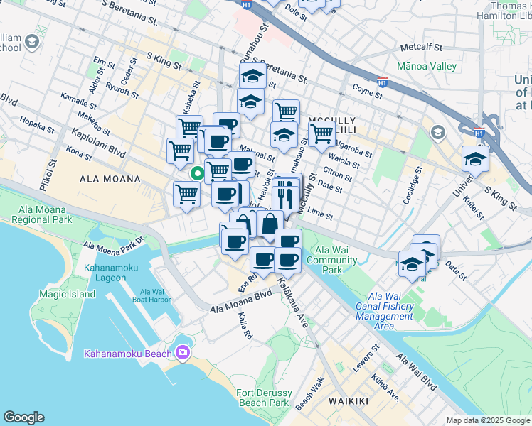 map of restaurants, bars, coffee shops, grocery stores, and more near 1867 Kapiolani Boulevard in Honolulu