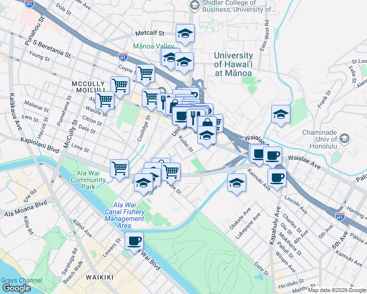 map of restaurants, bars, coffee shops, grocery stores, and more near 810 Kaaloa Street in Honolulu