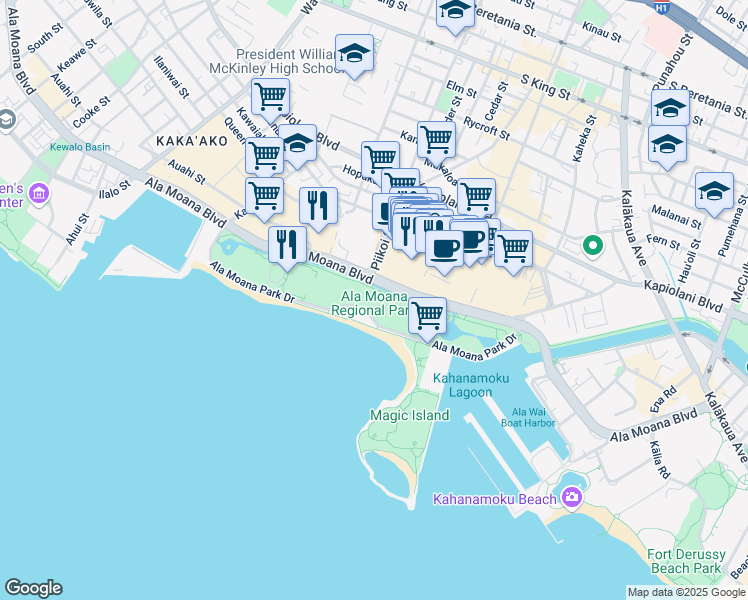 map of restaurants, bars, coffee shops, grocery stores, and more near 1201 Ala Moana Boulevard in Honolulu