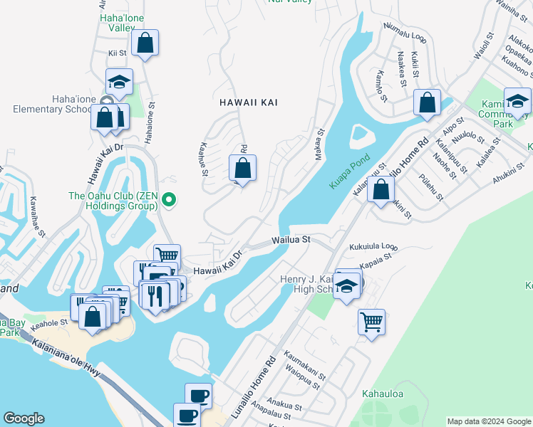 map of restaurants, bars, coffee shops, grocery stores, and more near 7072 ʻEhu Wai Place in Honolulu