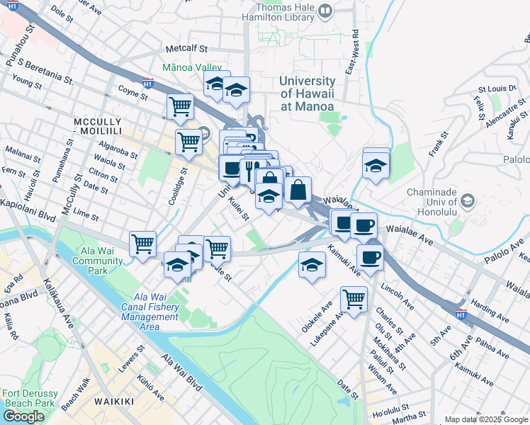 map of restaurants, bars, coffee shops, grocery stores, and more near in Honolulu