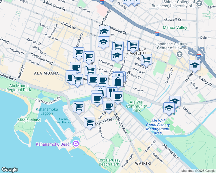 map of restaurants, bars, coffee shops, grocery stores, and more near 1812 Kalakaua Avenue in Honolulu