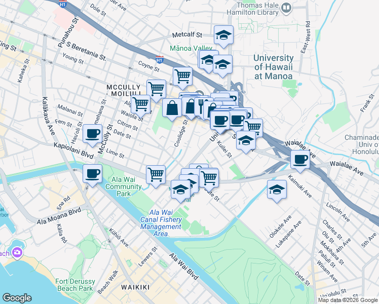 map of restaurants, bars, coffee shops, grocery stores, and more near 739 University Avenue in Honolulu