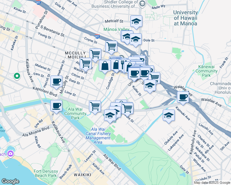 map of restaurants, bars, coffee shops, grocery stores, and more near 739 Hausten Street in Honolulu