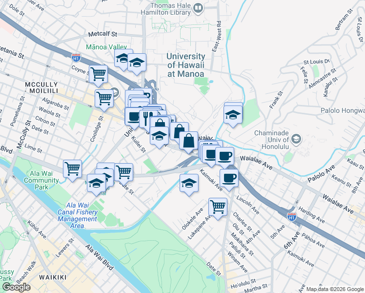 map of restaurants, bars, coffee shops, grocery stores, and more near 2721 Waialae Avenue in Honolulu