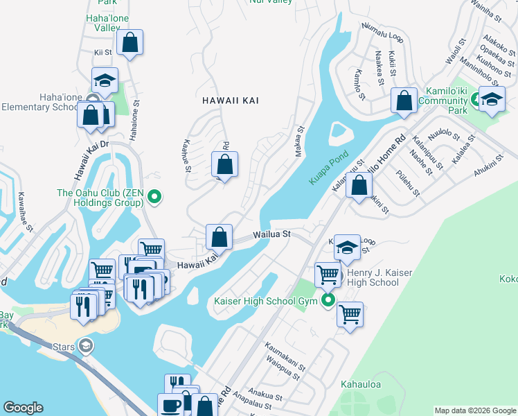 map of restaurants, bars, coffee shops, grocery stores, and more near 7093 Hawaii Kai Drive in Honolulu