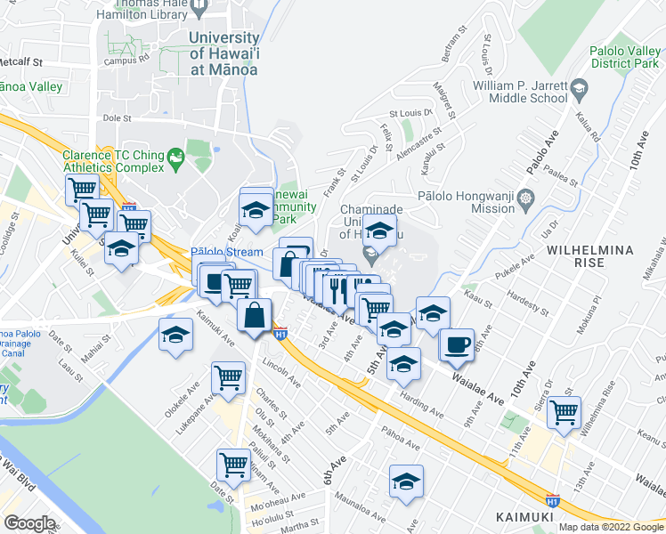 map of restaurants, bars, coffee shops, grocery stores, and more near 3138 Waialae Avenue in Honolulu