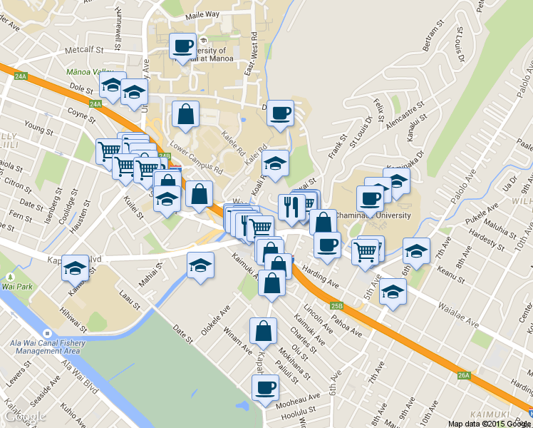 map of restaurants, bars, coffee shops, grocery stores, and more near in Honolulu