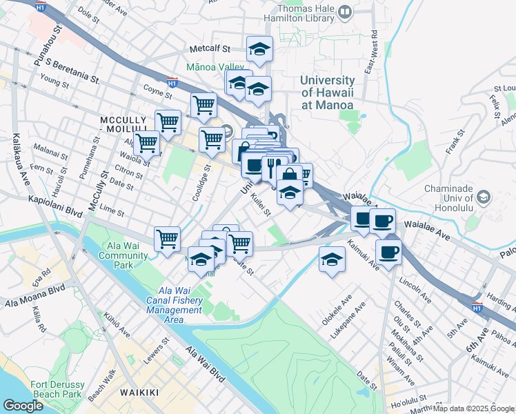 map of restaurants, bars, coffee shops, grocery stores, and more near 810 Kaaloa Street in Honolulu