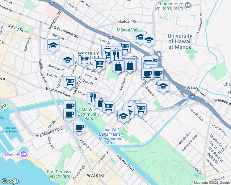 map of restaurants, bars, coffee shops, grocery stores, and more near 755 Isenberg Street in Honolulu