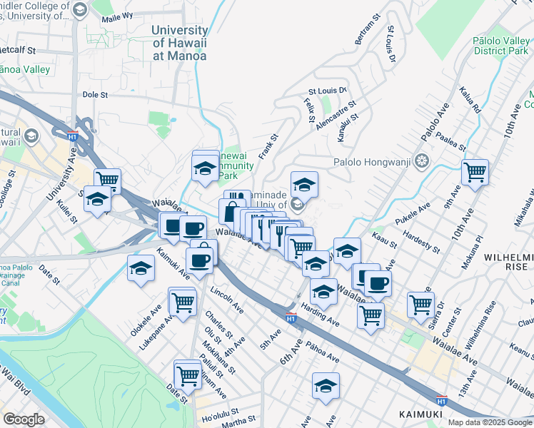 map of restaurants, bars, coffee shops, grocery stores, and more near 3138 Waialae Avenue in Honolulu