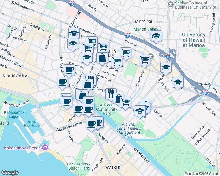 map of restaurants, bars, coffee shops, grocery stores, and more near 2131 Fern Street in Honolulu