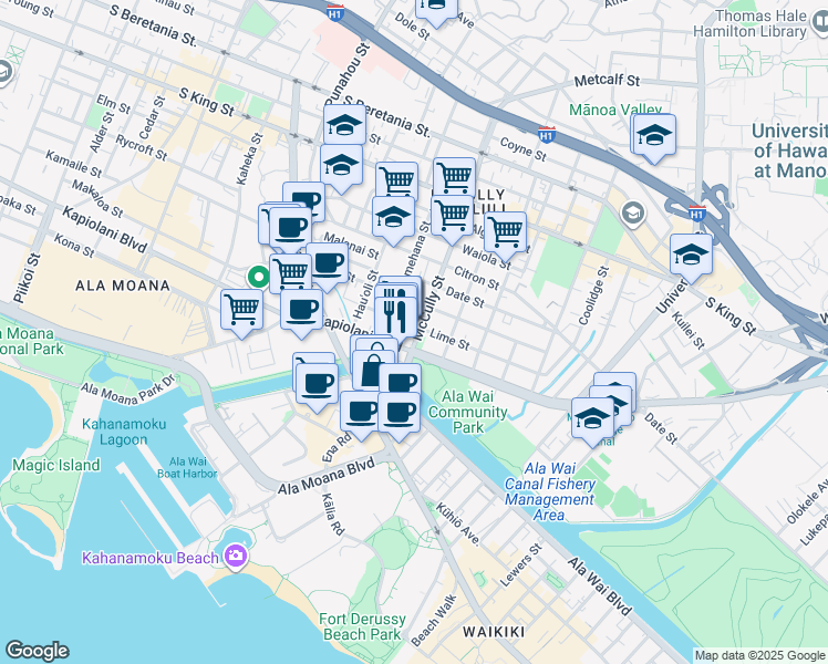 map of restaurants, bars, coffee shops, grocery stores, and more near 718 McCully Street in Honolulu