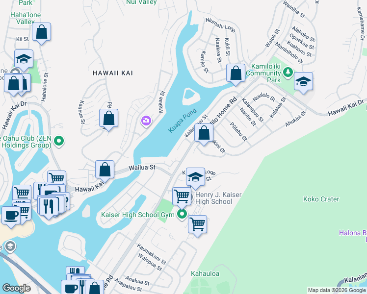 map of restaurants, bars, coffee shops, grocery stores, and more near 611 Kaumaka Place in Honolulu
