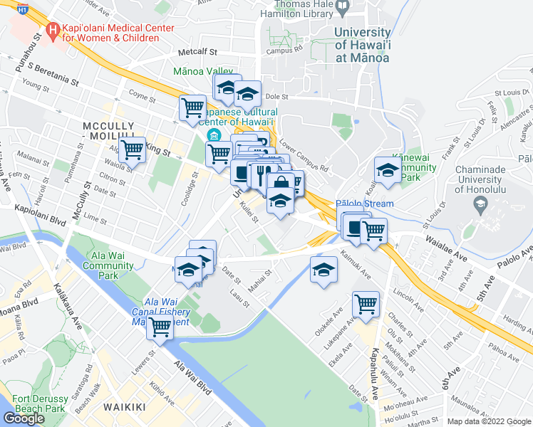 map of restaurants, bars, coffee shops, grocery stores, and more near 2724 Kahoaloha Lane in Honolulu