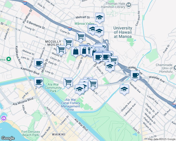 map of restaurants, bars, coffee shops, grocery stores, and more near 739 University Avenue in Honolulu