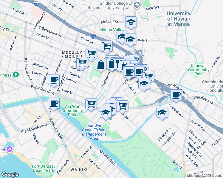 map of restaurants, bars, coffee shops, grocery stores, and more near 739 University Avenue in Honolulu