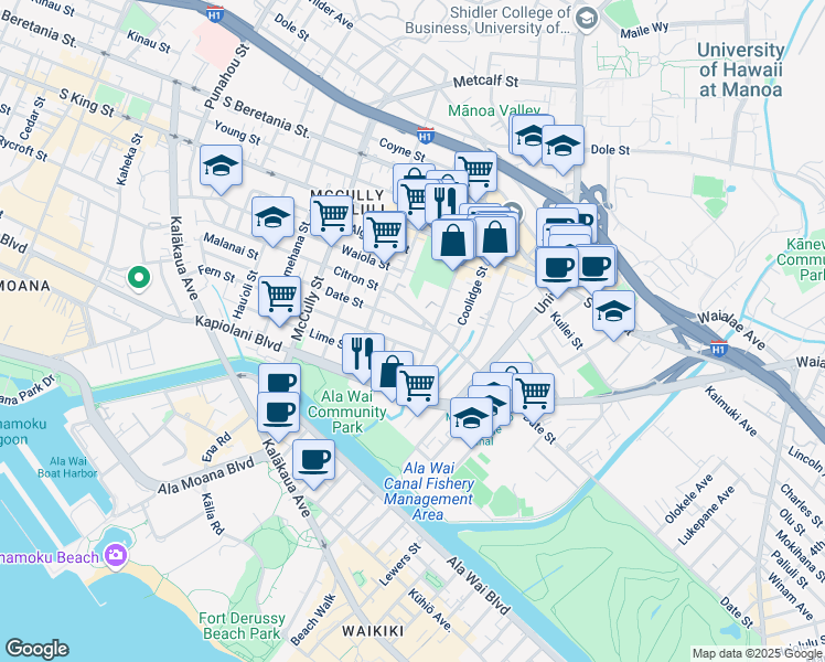 map of restaurants, bars, coffee shops, grocery stores, and more near 755 Isenberg Street in Honolulu