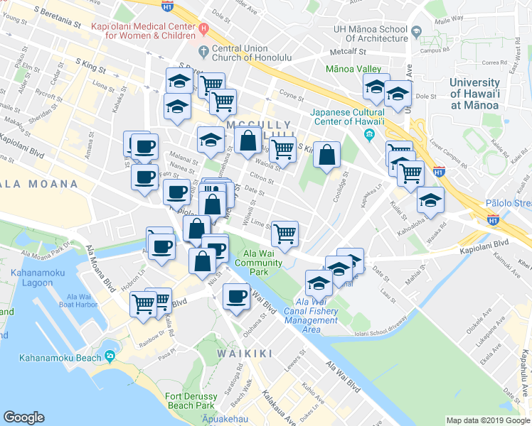 map of restaurants, bars, coffee shops, grocery stores, and more near 2123 Lime Street in Honolulu