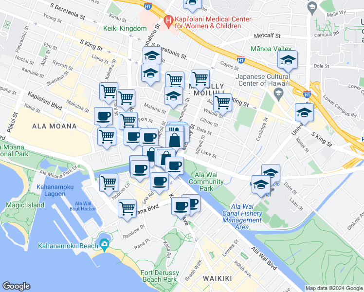 map of restaurants, bars, coffee shops, grocery stores, and more near 635 Pumehana Street in Honolulu