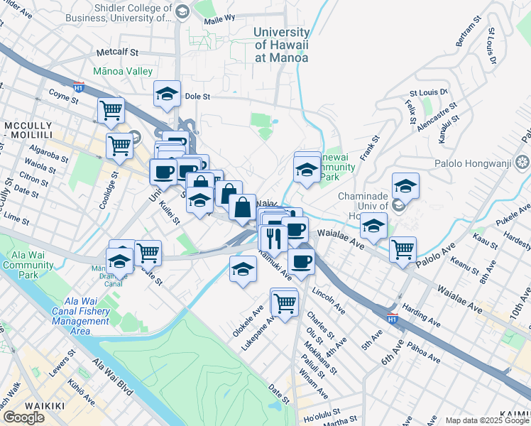 map of restaurants, bars, coffee shops, grocery stores, and more near 2920 South King Street in Honolulu