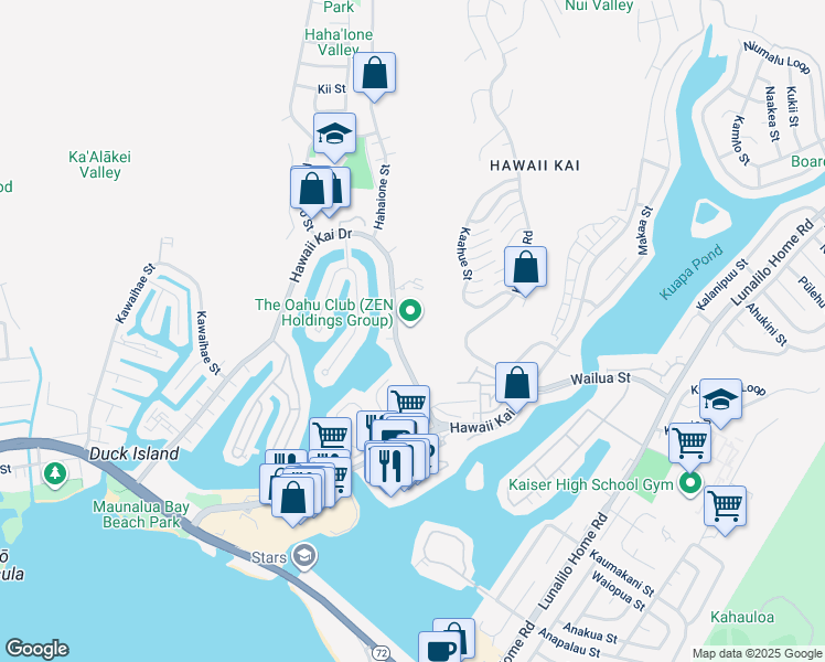 map of restaurants, bars, coffee shops, grocery stores, and more near 6800 Hawaii Kai Drive in Honolulu
