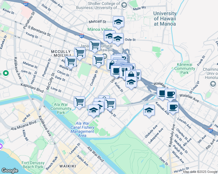map of restaurants, bars, coffee shops, grocery stores, and more near 825 University Avenue in Honolulu
