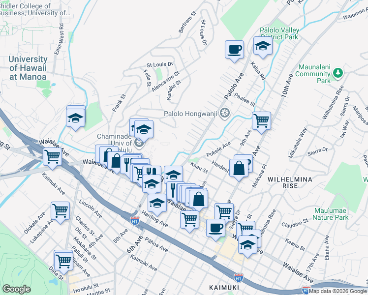map of restaurants, bars, coffee shops, grocery stores, and more near 3272 Kēhau Place in Honolulu