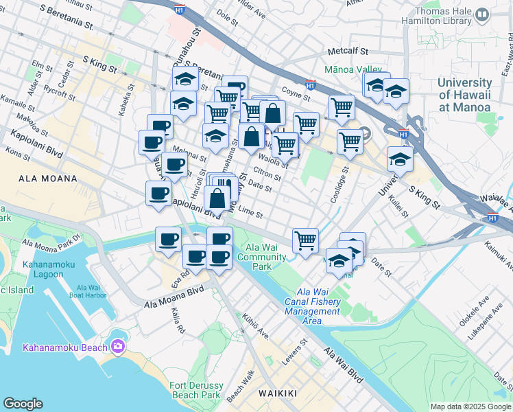 map of restaurants, bars, coffee shops, grocery stores, and more near 2113 Date Street in Honolulu