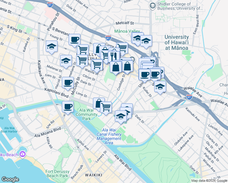 map of restaurants, bars, coffee shops, grocery stores, and more near 796 Isenberg Street in Honolulu