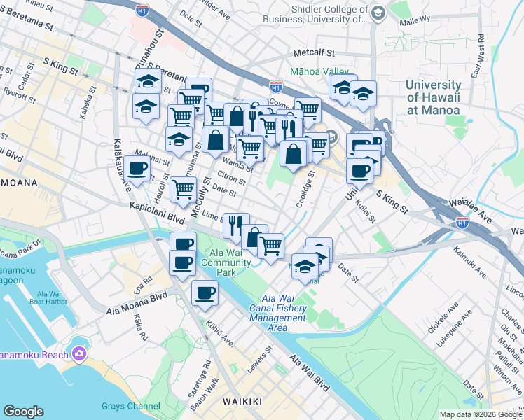 map of restaurants, bars, coffee shops, grocery stores, and more near 2245 Date Street in Honolulu