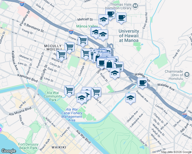map of restaurants, bars, coffee shops, grocery stores, and more near 931 University Avenue in Honolulu