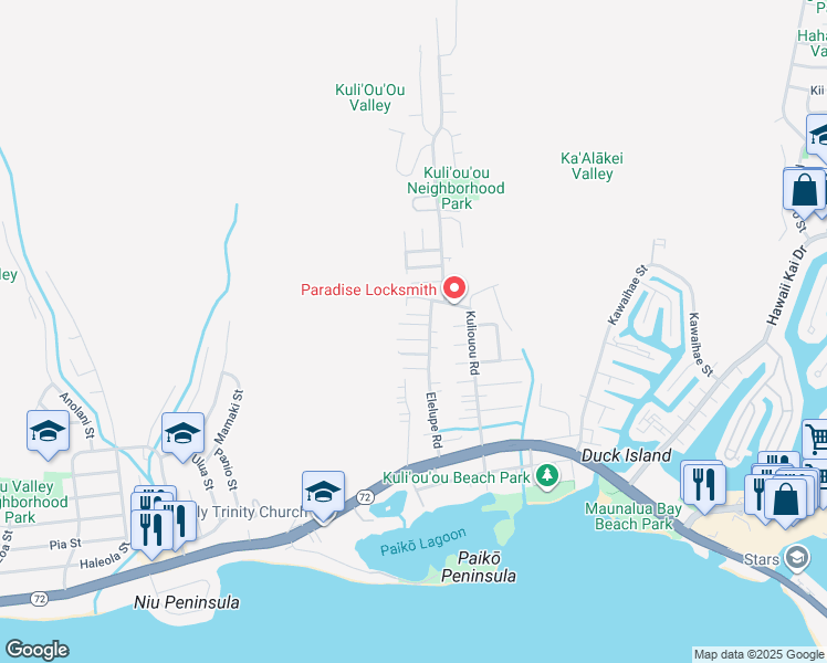 map of restaurants, bars, coffee shops, grocery stores, and more near 6001 Elelupe Place in Honolulu