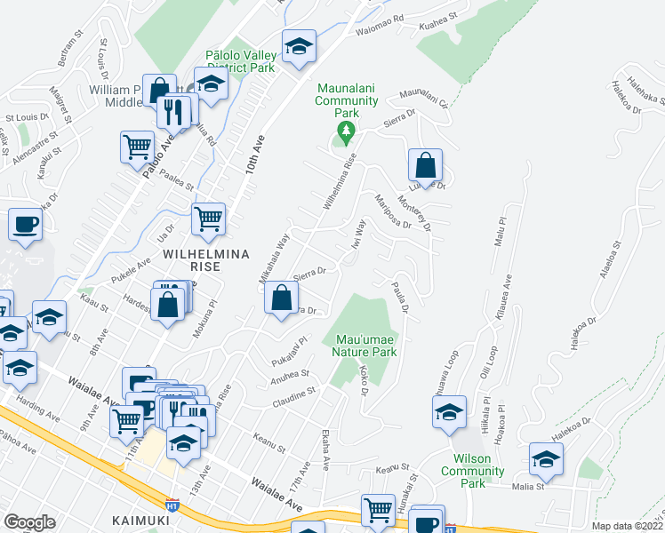 map of restaurants, bars, coffee shops, grocery stores, and more near 4221 Carnation Place in Honolulu