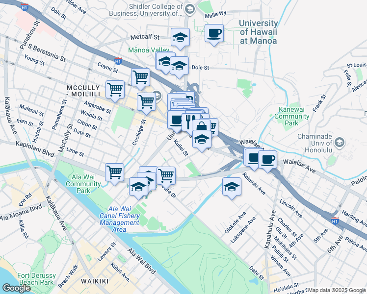 map of restaurants, bars, coffee shops, grocery stores, and more near 2645 South King Street in Honolulu