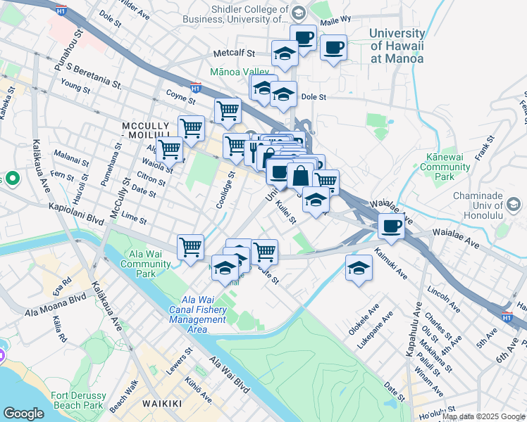 map of restaurants, bars, coffee shops, grocery stores, and more near 931 University Avenue in Honolulu