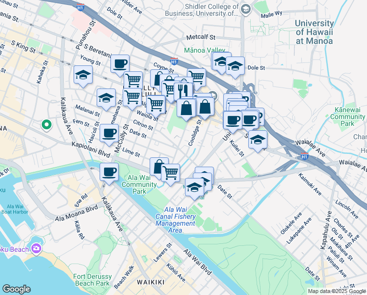 map of restaurants, bars, coffee shops, grocery stores, and more near 796 Isenberg Street in Honolulu