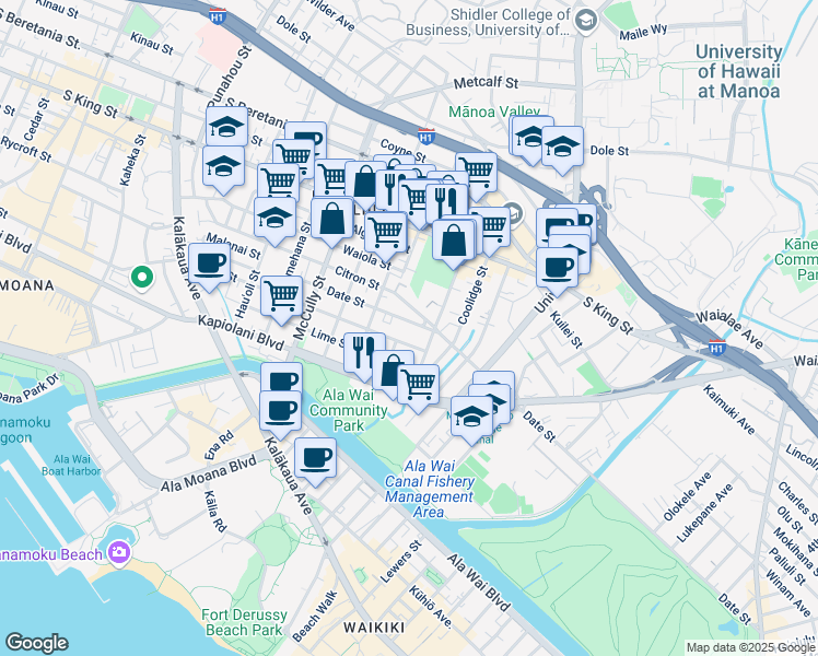 map of restaurants, bars, coffee shops, grocery stores, and more near 2214 Date Street in Honolulu