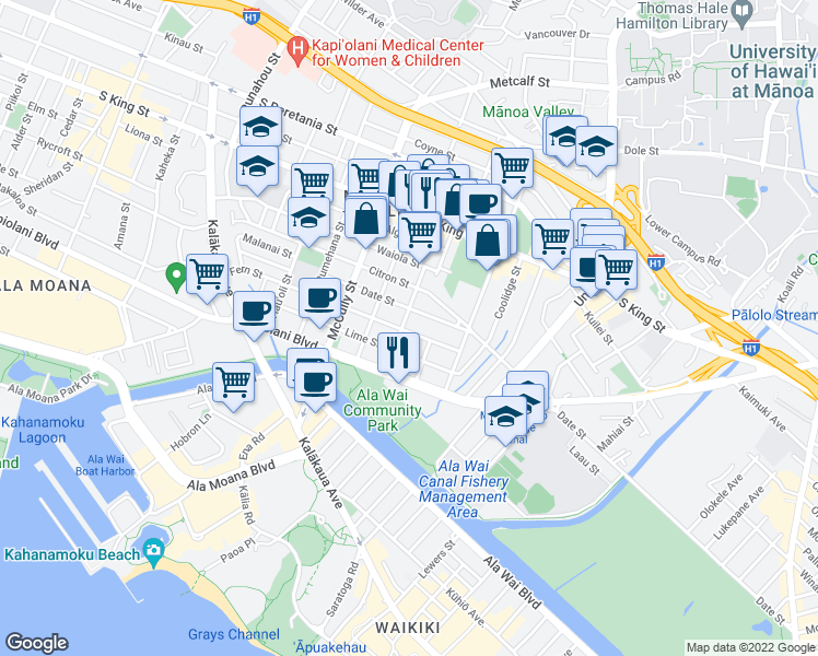 map of restaurants, bars, coffee shops, grocery stores, and more near 2214 Date Street in Honolulu